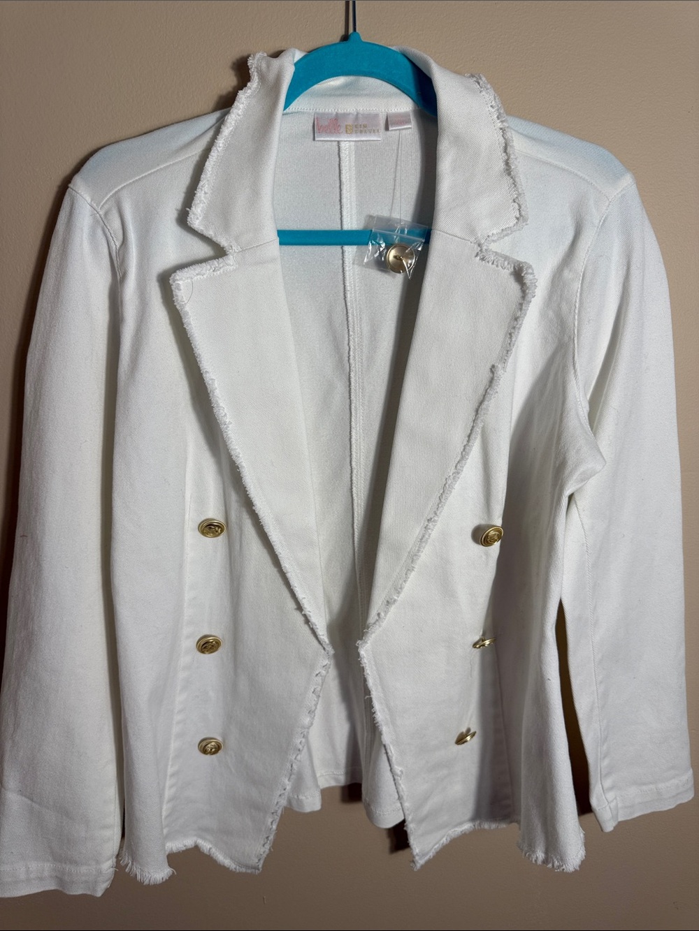 Belle by Kim Gravel White Frayed-Edge Double-Breasted Blazer with Gold Buttons